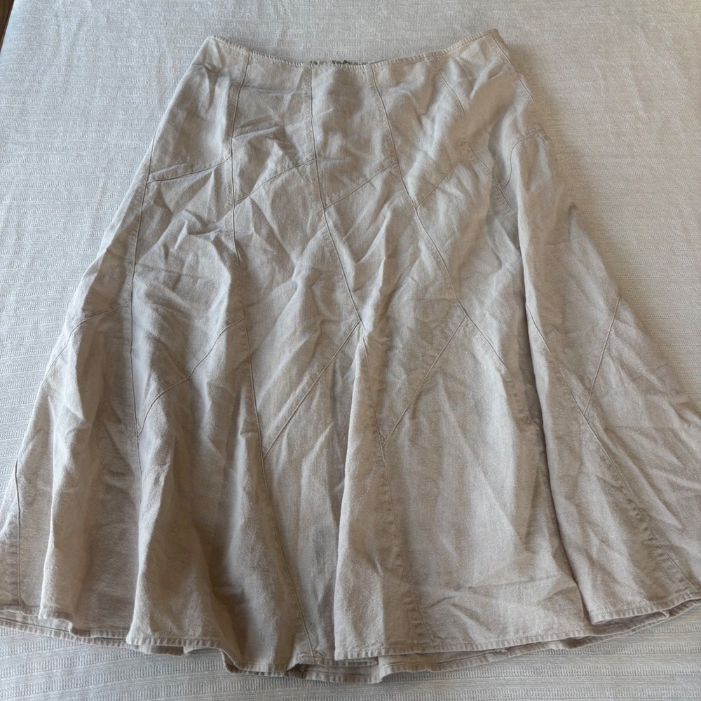 Christopher & Banks Womens 14 Linen Blend Paneled Midi Skirt Beige A-Line 01628